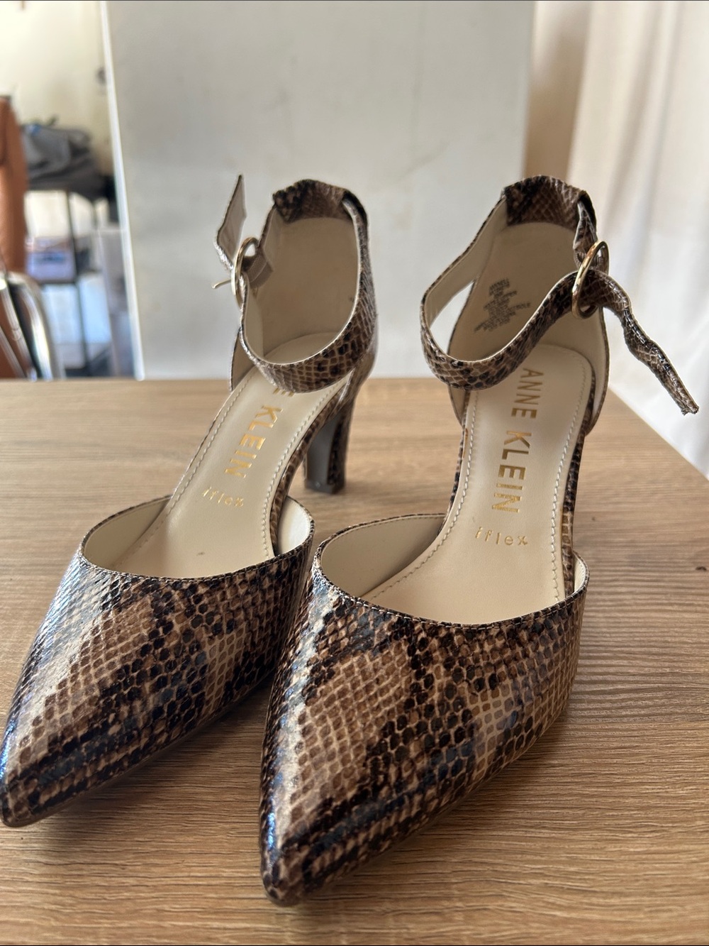 Anne Klein Brown Snake-Print Pointed Toe Ankle Strap Heels
